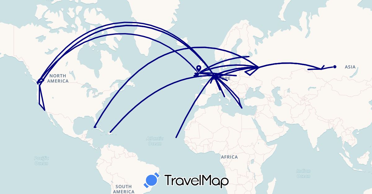 TravelMap itinerary: driving in Belgium, Belarus, Canada, Cuba, Cape Verde, Czech Republic, Germany, Dominican Republic, France, United Kingdom, Greece, Ireland, Italy, Netherlands, Poland, Russia, United States (Africa, Europe, North America)
